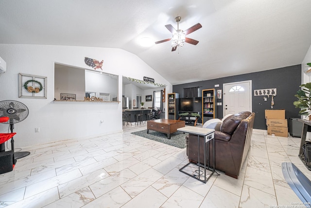 23135 Blackjack Pass, San Antonio, TX 78264 - living area with ceiling fan, light marble finish floors, and lofted ceiling