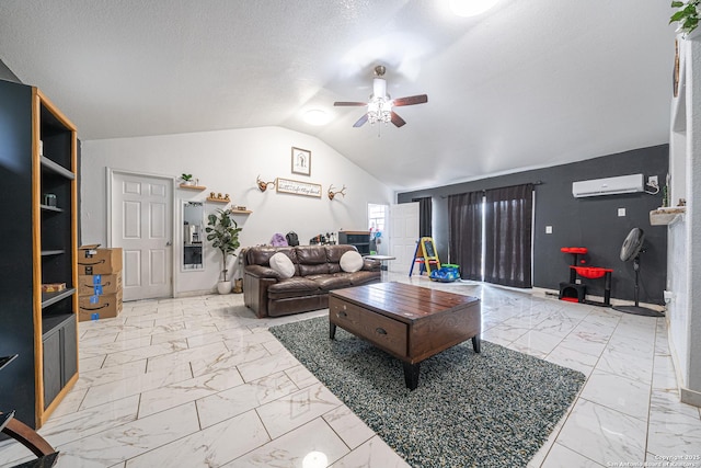 23135 Blackjack Pass, San Antonio, TX 78264 - living room featuring marble finish flooring, ceiling fan, vaulted ceiling, and a wall mounted air conditioner