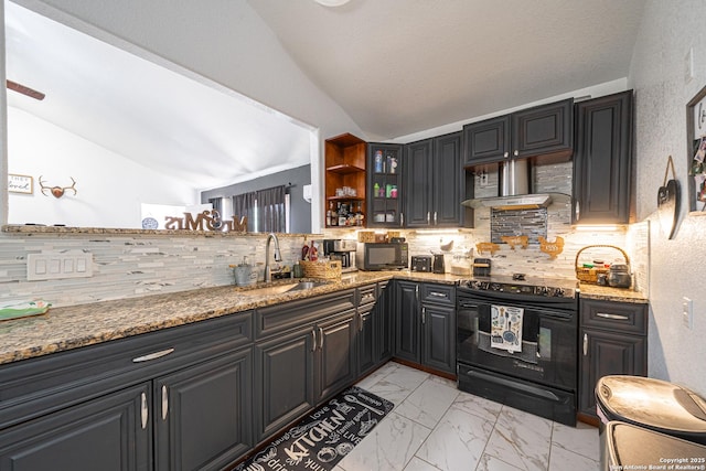 23135 Blackjack Pass, San Antonio, TX 78264 - kitchen with black appliances, a sink, lofted ceiling, exhaust hood, and backsplash