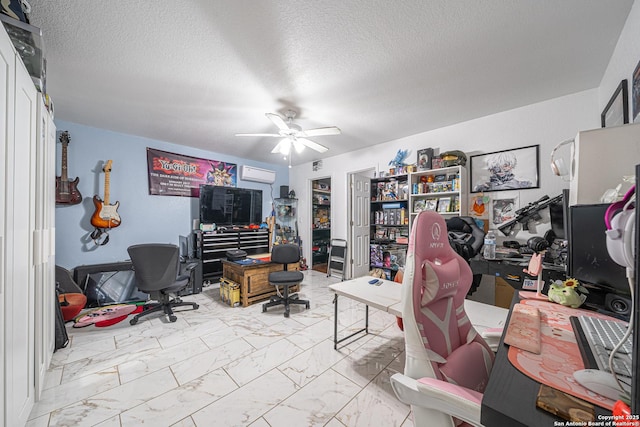 23135 Blackjack Pass, San Antonio, TX 78264 - home office featuring marble look tiles, a ceiling fan, a wall mounted AC, and a textured ceiling