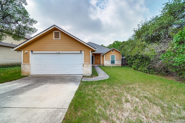 5362 Chestnut Vw, San Antonio, TX 78247 - ranch-style home featuring concrete driveway, an attached garage, a front lawn, and stone siding