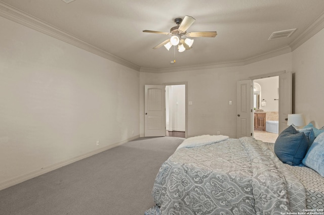 1238 Via Belcanto, San Antonio, TX 78260 - carpeted bedroom featuring crown molding, ensuite bathroom, baseboards, and ceiling fan