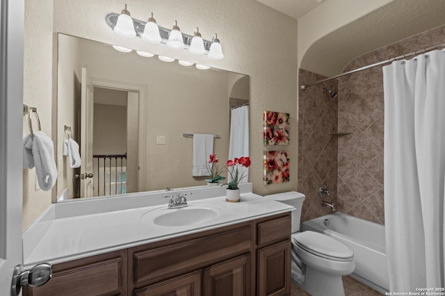 1238 Via Belcanto, San Antonio, TX 78260 - full bath featuring vanity, shower / bath combination with curtain, toilet, and a textured wall