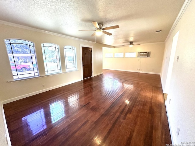 207 Freiling, San Antonio, TX 78213 - unfurnished room with dark wood-style floors, ceiling fan, ornamental molding, a textured ceiling, and baseboards