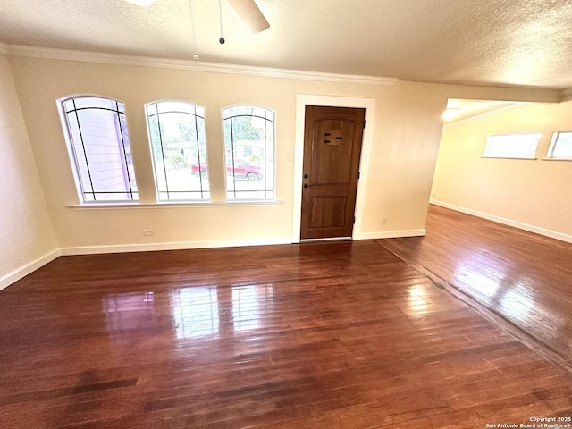 207 Freiling, San Antonio, TX 78213 - unfurnished room with a textured ceiling, wood finished floors, a ceiling fan, ornamental molding, and baseboards