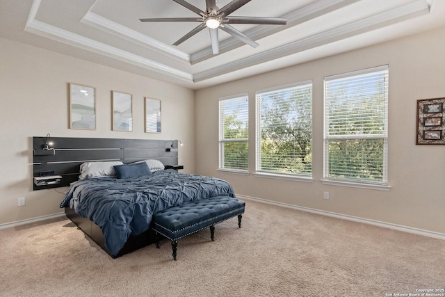 17906 Via Del Arbol, San Antonio, TX 78257 - carpeted bedroom featuring a raised ceiling, ornamental molding, baseboards, and ceiling fan