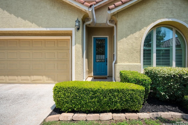 17906 Via Del Arbol, San Antonio, TX 78257 - view of exterior entry with stucco siding, an attached garage, and concrete driveway