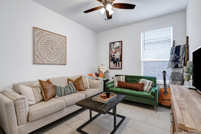 5219 Wolf Bane, San Antonio, TX 78261 - living room featuring ceiling fan and light tile patterned flooring