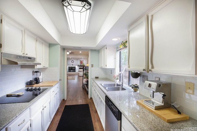 11700 Mission Trce, San Antonio, TX 78230 - kitchen featuring black electric stovetop, under cabinet range hood, stainless steel dishwasher, a sink, and decorative backsplash
