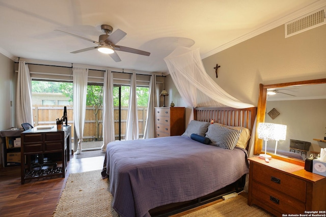 11700 Mission Trce, San Antonio, TX 78230 - bedroom featuring crown molding, wood finished floors, access to exterior, and ceiling fan