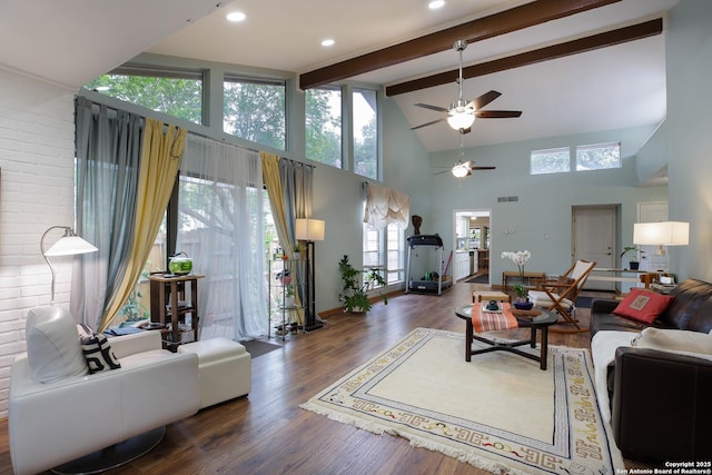 11700 Mission Trce, San Antonio, TX 78230 - living room with high vaulted ceiling, beamed ceiling, wood finished floors, and a ceiling fan