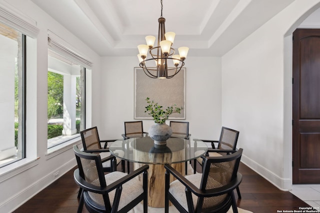 17706 Wild Basin, San Antonio, TX 78258 - dining room featuring a chandelier, a tray ceiling, healthy amount of natural light, and hardwood / wood-style flooring