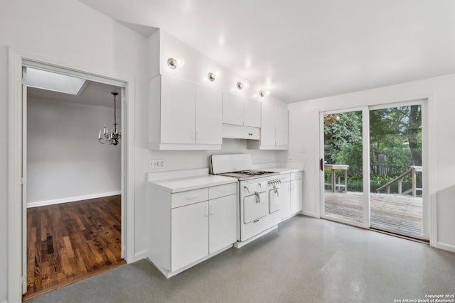113 E Sunset, San Antonio, TX 78209 - kitchen featuring white range with gas stovetop, white cabinets, light countertops, and baseboards