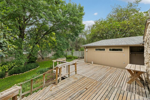 113 E Sunset, San Antonio, TX 78209 - wooden deck with a fenced backyard and view of wooded area