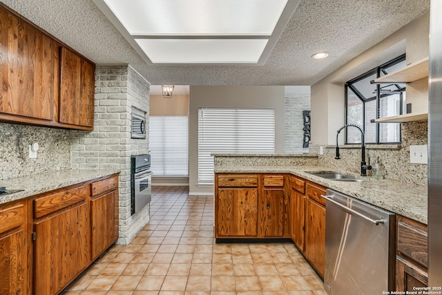 13426 Marceline, San Antonio, TX 78232 - kitchen with stainless steel appliances, a sink, a peninsula, decorative backsplash, and open shelves