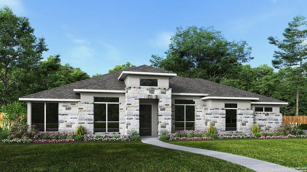 1108 Elm Forest Dr, New Braunfels, TX 78132 - view of front of property featuring stone siding, a front lawn, a shingled roof, and stucco siding