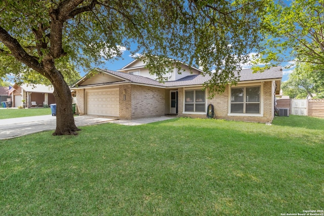 6131 Spring Time, San Antonio, TX 78249 - ranch-style house featuring brick siding, an attached garage, central AC unit, and driveway