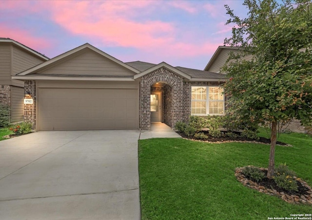 9702 Tupelo Holw, San Antonio, TX 78254 - view of front of property with brick siding, a garage, driveway, and a yard
