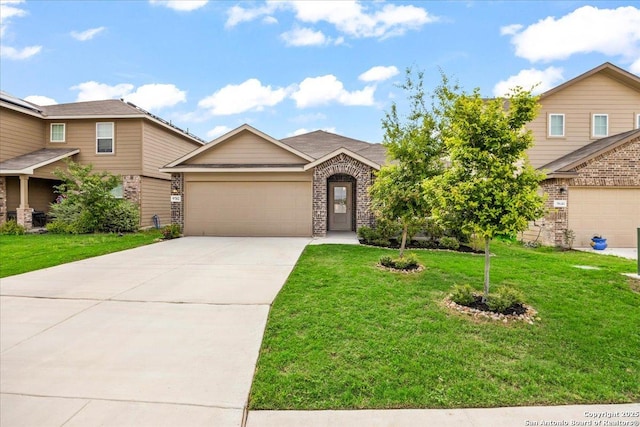 9702 Tupelo Holw, San Antonio, TX 78254 - view of front of house with a garage, concrete driveway, a front lawn, and brick siding