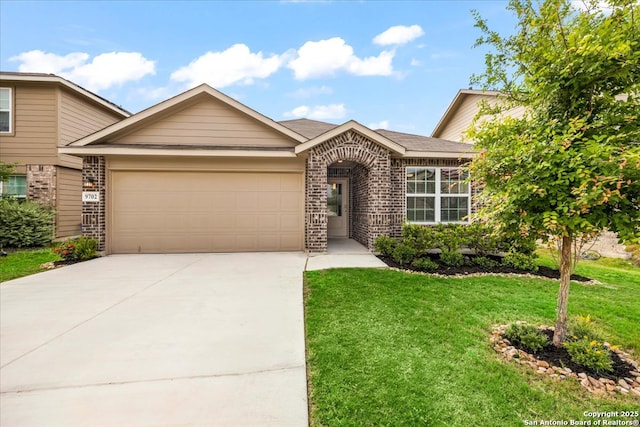 9702 Tupelo Holw, San Antonio, TX 78254 - view of front of property featuring brick siding, a garage, driveway, and a front lawn