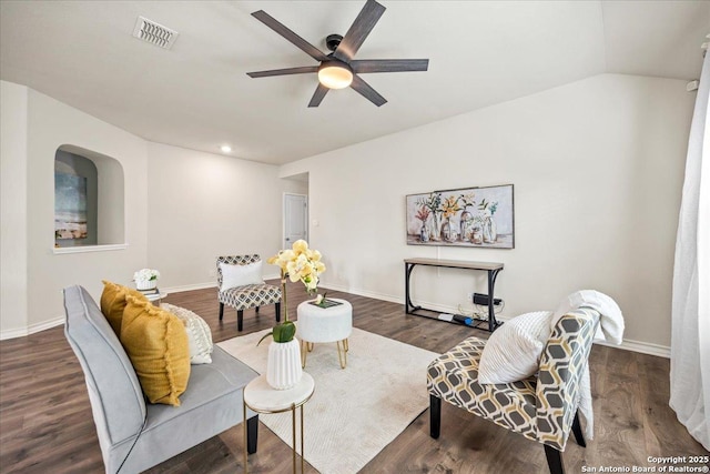 9702 Tupelo Holw, San Antonio, TX 78254 - living room with ceiling fan, baseboards, wood finished floors, recessed lighting, and lofted ceiling