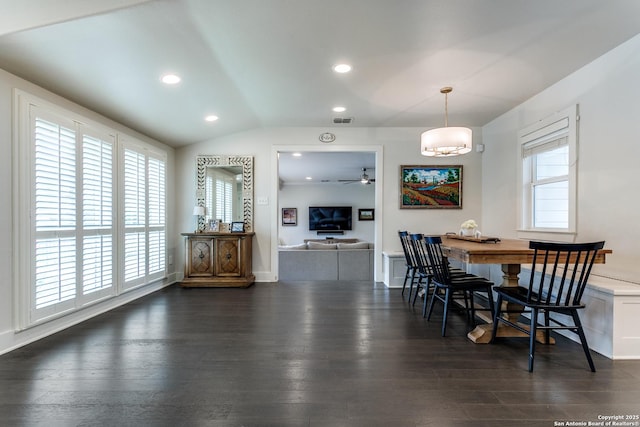 247 Brightwood Pl, San Antonio, TX 78209 - dining room with vaulted ceiling, dark wood-type flooring, recessed lighting, and a ceiling fan