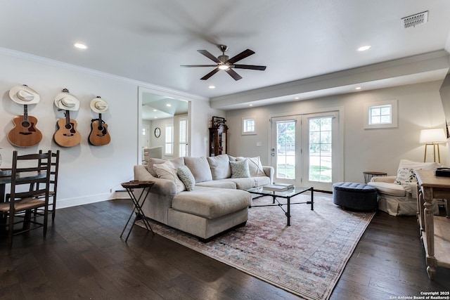 247 Brightwood Pl, San Antonio, TX 78209 - living room featuring a ceiling fan, ornamental molding, dark wood-style flooring, recessed lighting, and baseboards