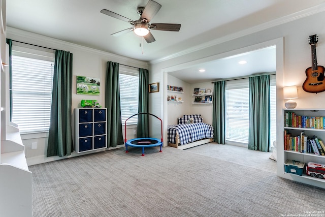 247 Brightwood Pl, San Antonio, TX 78209 - bedroom featuring crown molding, carpet flooring, and ceiling fan