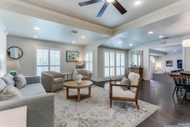 247 Brightwood Pl, San Antonio, TX 78209 - living area featuring healthy amount of natural light, a ceiling fan, wood finished floors, recessed lighting, and crown molding