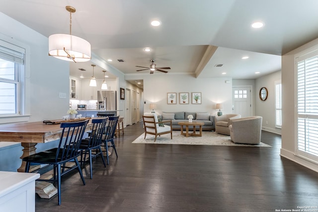 247 Brightwood Pl, San Antonio, TX 78209 - dining room featuring dark wood finished floors, ceiling fan, recessed lighting, and baseboards