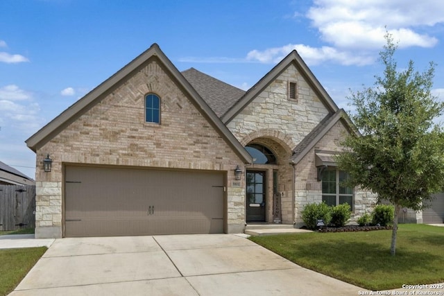 9102 War Wagon, San Antonio, TX 78254 - french provincial home with stone siding, driveway, an attached garage, and brick siding