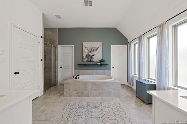 9102 War Wagon, San Antonio, TX 78254 - bathroom with vanity, healthy amount of natural light, a garden tub, a shower stall, and vaulted ceiling