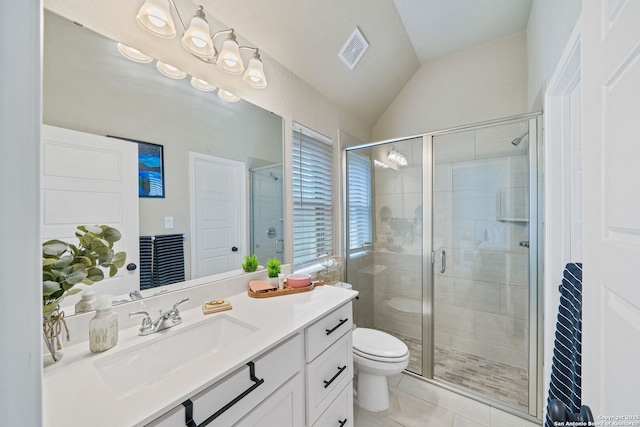 9102 War Wagon, San Antonio, TX 78254 - bathroom featuring vanity, toilet, a shower stall, tile patterned flooring, and vaulted ceiling