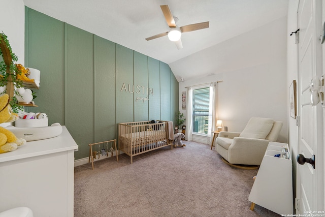 9102 War Wagon, San Antonio, TX 78254 - carpeted bedroom featuring a crib, vaulted ceiling, and ceiling fan