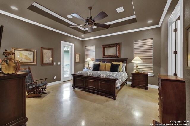 835 Shady Holw, New Braunfels, TX 78132 - bedroom featuring a raised ceiling, crown molding, finished concrete flooring, baseboards, and access to exterior