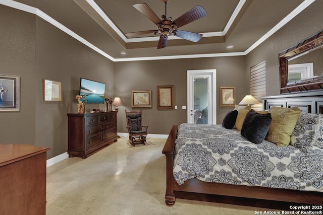 835 Shady Holw, New Braunfels, TX 78132 - bedroom featuring a tray ceiling, baseboards, crown molding, and a ceiling fan