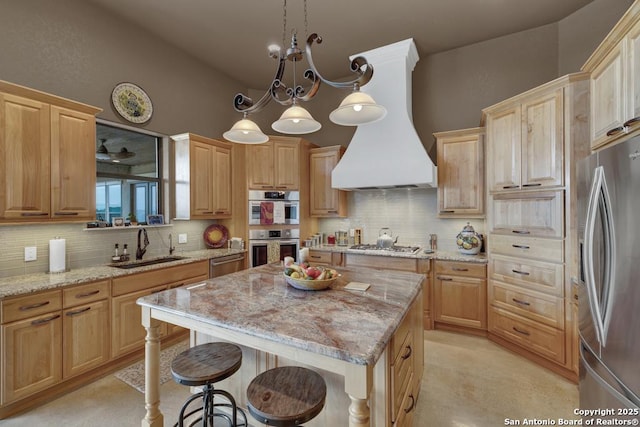 835 Shady Holw, New Braunfels, TX 78132 - kitchen with stainless steel appliances, premium range hood, a sink, and backsplash