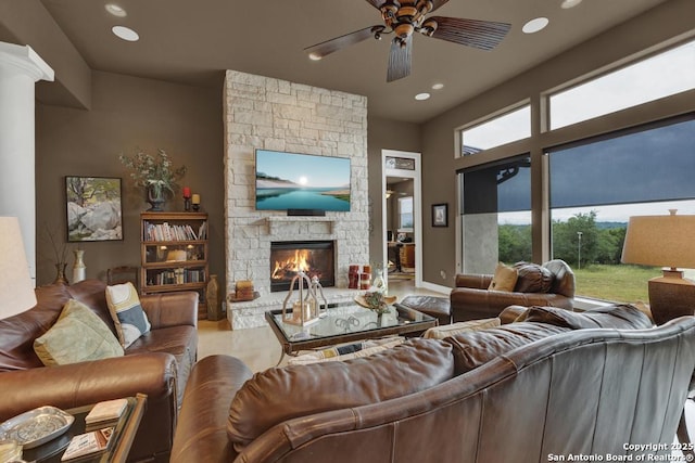 835 Shady Holw, New Braunfels, TX 78132 - living area featuring recessed lighting, a ceiling fan, a fireplace, and baseboards