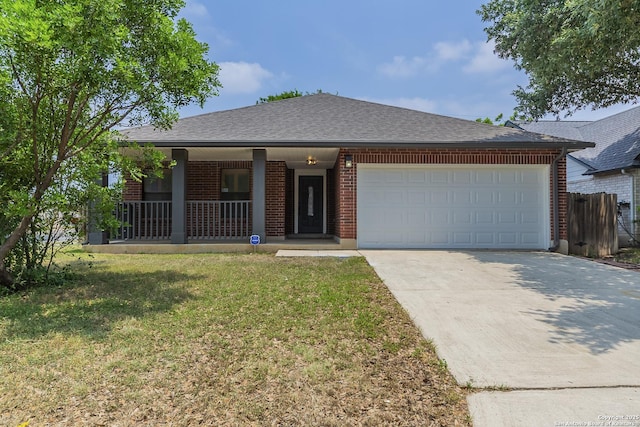 6355 Regency Wood, San Antonio, TX 78249 - single story home featuring covered porch, driveway, brick siding, an attached garage, and a shingled roof