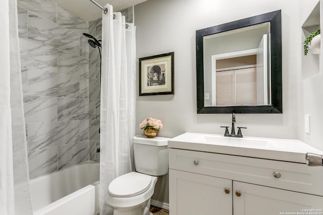 13603 Cobble Way, San Antonio, TX 78231 - bathroom with vanity, shower / bath combo with shower curtain, toilet, and a textured ceiling