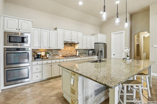 28534 Tristant Rdg, San Antonio, TX 78260 - kitchen with a sink, stainless steel appliances, under cabinet range hood, arched walkways, and tasteful backsplash