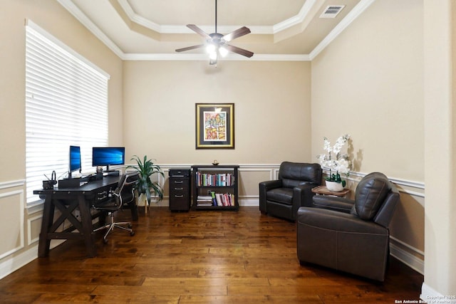 28534 Tristant Rdg, San Antonio, TX 78260 - office area featuring a tray ceiling, dark wood-type flooring, ceiling fan, ornamental molding, and a wainscoted wall