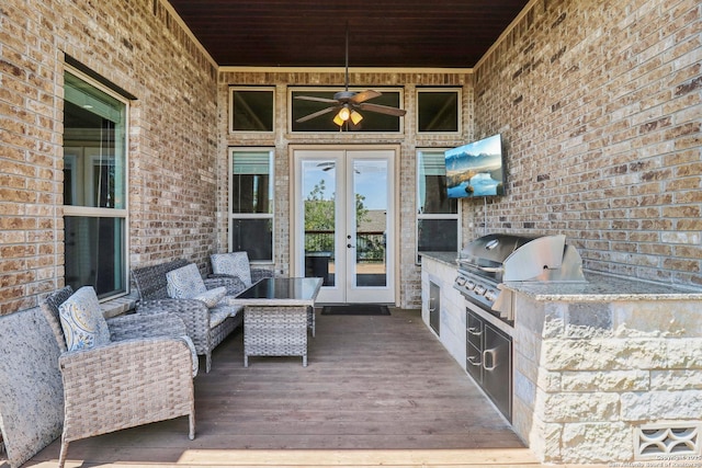 28534 Tristant Rdg, San Antonio, TX 78260 - wooden deck featuring french doors, ceiling fan, and an outdoor living space