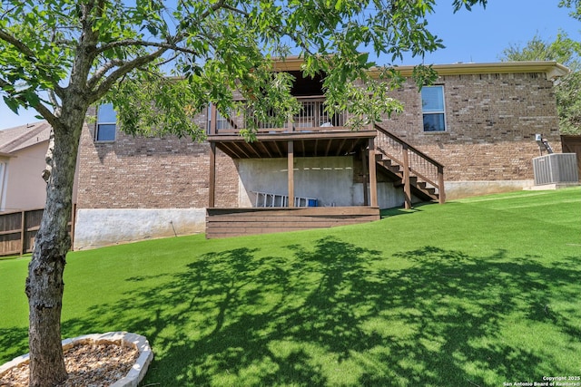 28534 Tristant Rdg, San Antonio, TX 78260 - back of house featuring brick siding, stairs, a wooden deck, and cooling unit