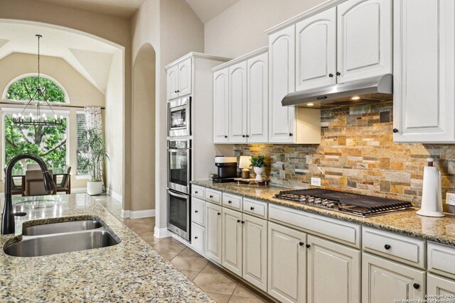 28534 Tristant Rdg, San Antonio, TX 78260 - kitchen featuring a sink, stainless steel appliances, under cabinet range hood, white cabinets, and lofted ceiling