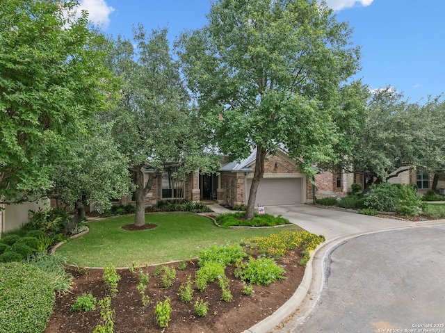126 Calais Way, Shavano Park, TX 78249 - obstructed view of property featuring an attached garage, driveway, brick siding, and a front yard