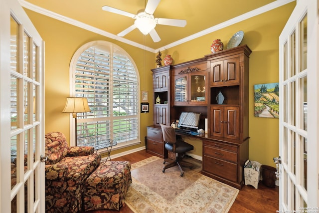 126 Calais Way, Shavano Park, TX 78249 - office space featuring crown molding, dark wood-style floors, french doors, and a ceiling fan