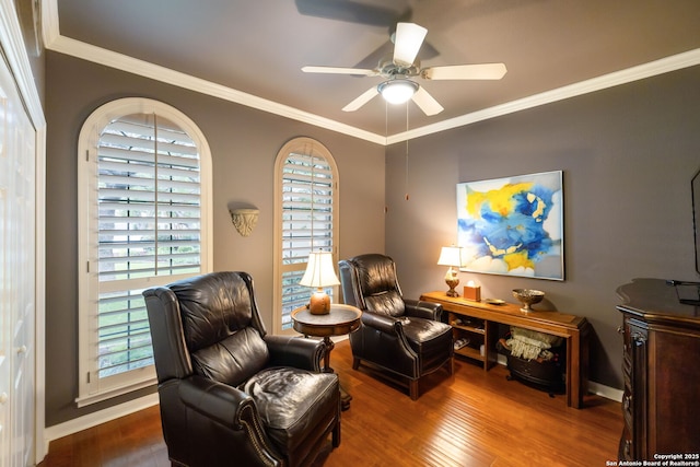 126 Calais Way, Shavano Park, TX 78249 - living area featuring ceiling fan, wood finished floors, ornamental molding, and baseboards