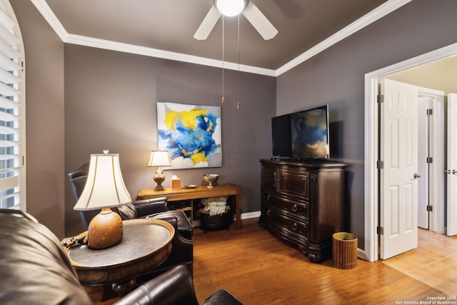 126 Calais Way, Shavano Park, TX 78249 - living area featuring ornamental molding, a ceiling fan, wood finished floors, and baseboards