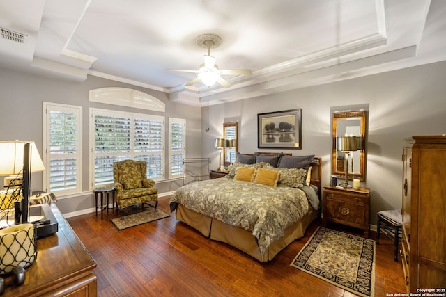 126 Calais Way, Shavano Park, TX 78249 - bedroom with hardwood / wood-style flooring, a raised ceiling, baseboards, crown molding, and a ceiling fan